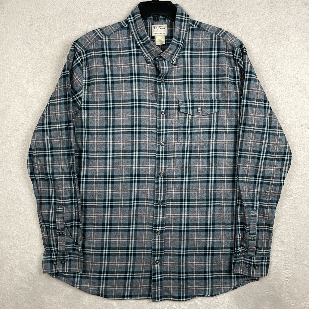 Ll Bean Brushed Jaspe Twill Shirt Mens Large Tall LT Gray Blue Plaid Button Down - Picture 2 of 7